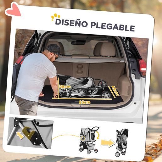 PawHut Carrinho para Animais de Estimação Dobrável Carrinho para Cães e Gatos com Rodas Giratórias Cesto e Suporte para Copos 75x45x97cm Cinza