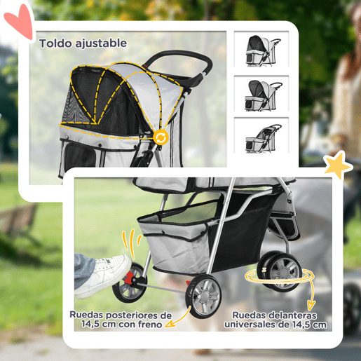 PawHut Carrinho para Animais de Estimação Dobrável Carrinho para Cães e Gatos com Rodas Giratórias Cesto e Suporte para Copos 75x45x97cm Cinza