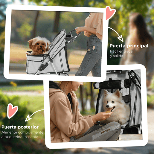 PawHut Carrinho para Animais de Estimação Dobrável Carrinho para Cães e Gatos com Rodas Giratórias Cesto e Suporte para Copos 75x45x97cm Cinza