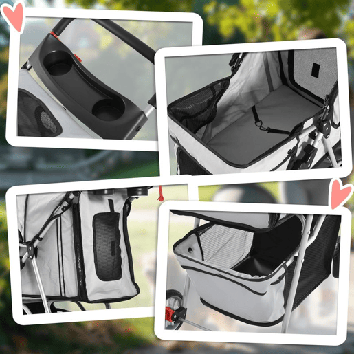 PawHut Carrinho para Animais de Estimação Dobrável Carrinho para Cães e Gatos com Rodas Giratórias Cesto e Suporte para Copos 75x45x97cm Cinza