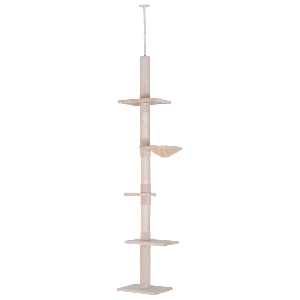 Pawhut árbol rascador para gatos de 230-260 cm, árbol para gatos de suelo al techo, con altura ajustable, 5 plataformas, hamaca, postes de sisal, beige