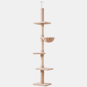 PawHut Árvore Arranhadora para Gatos Arranhador para Fixar ao Teto Altura Ajustável com Plataformas Poste de Sisal 40x34x230-260cm Bege