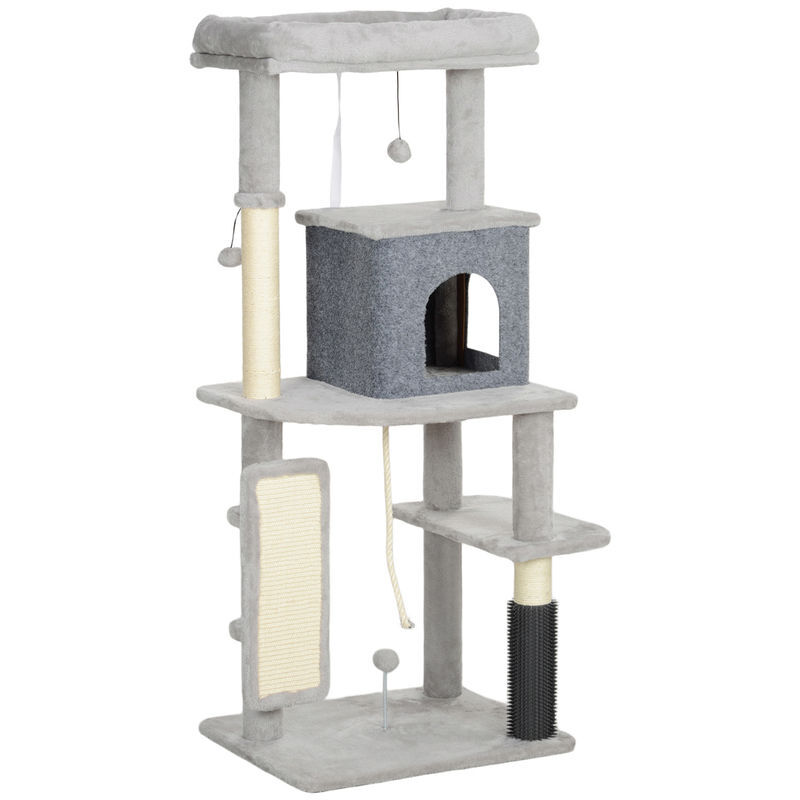 Pawhut árbol rascador para gatos altura 132 cm árbol para gatos torre para gatos con plataformas poste con cepillo bolas colgantes y almohadilla para