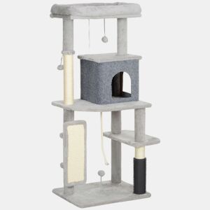 PawHut Arranhador para Gatos Grande Altura 132 cm Arranhador para Gatos com Plataformas Postes com Escova Bolas Suspensas e Almofadas para Arranhar Cinza
