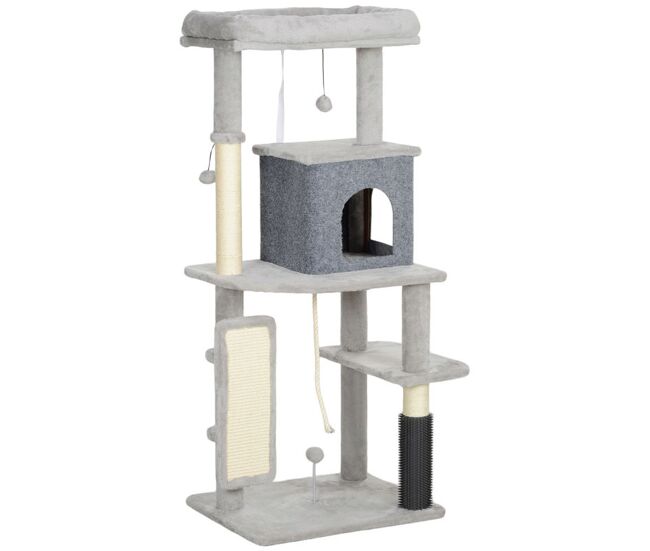 Pawhut árbol rascador para gatos altura 132 cm árbol para gatos torre para gatos con plataformas poste con cepillo bolas colgantes y almohadilla para