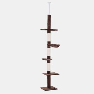 PawHut Árvore Arranhadora para Gatos Arranhador para Fixar ao Teto Altura Ajustável com Plataformas Poste de Sisal 40x34x230-260cm Marrom