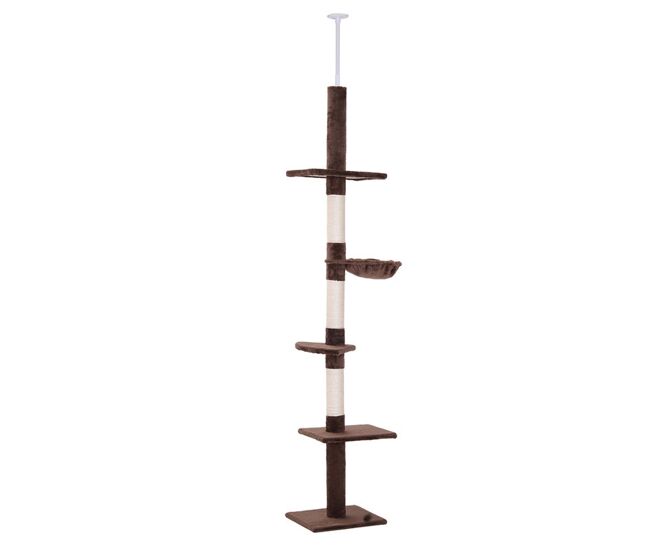 Pawhut árbol rascador para gatos de 230-260 cm, árbol para gatos de suelo al techo, con altura ajustable, 5 plataformas, hamaca, postes de sisal, marrón