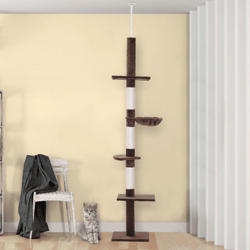 PawHut Árvore Arranhadora para Gatos Arranhador para Fixar ao Teto Altura Ajustável com Plataformas Poste de Sisal 40x34x230-260cm Marrom