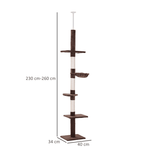 PawHut Árvore Arranhadora para Gatos Arranhador para Fixar ao Teto Altura Ajustável com Plataformas Poste de Sisal 40x34x230-260cm Marrom