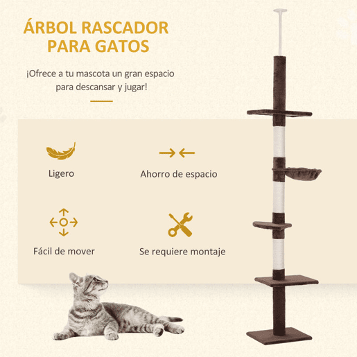 PawHut Árvore Arranhadora para Gatos Arranhador para Fixar ao Teto Altura Ajustável com Plataformas Poste de Sisal 40x34x230-260cm Marrom