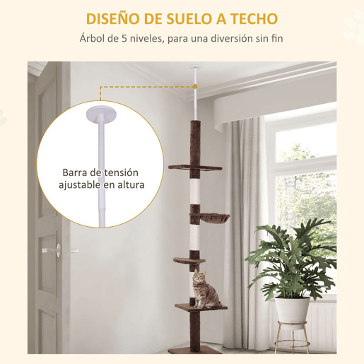 PawHut Árvore Arranhadora para Gatos Arranhador para Fixar ao Teto Altura Ajustável com Plataformas Poste de Sisal 40x34x230-260cm Marrom