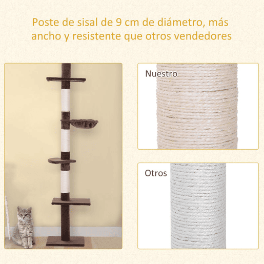 PawHut Árvore Arranhadora para Gatos Arranhador para Fixar ao Teto Altura Ajustável com Plataformas Poste de Sisal 40x34x230-260cm Marrom