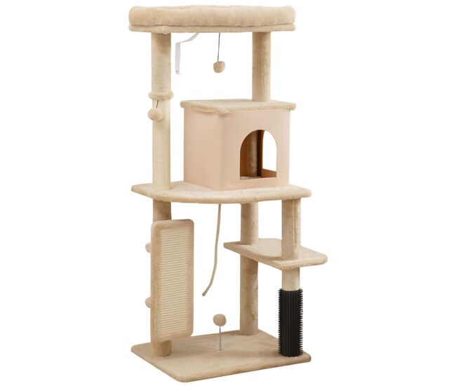 Pawhut árbol rascador para gatos altura 132 cm árbol para gatos torre para gatos con plataformas poste con cepillo bolas colgantes y almohadilla para