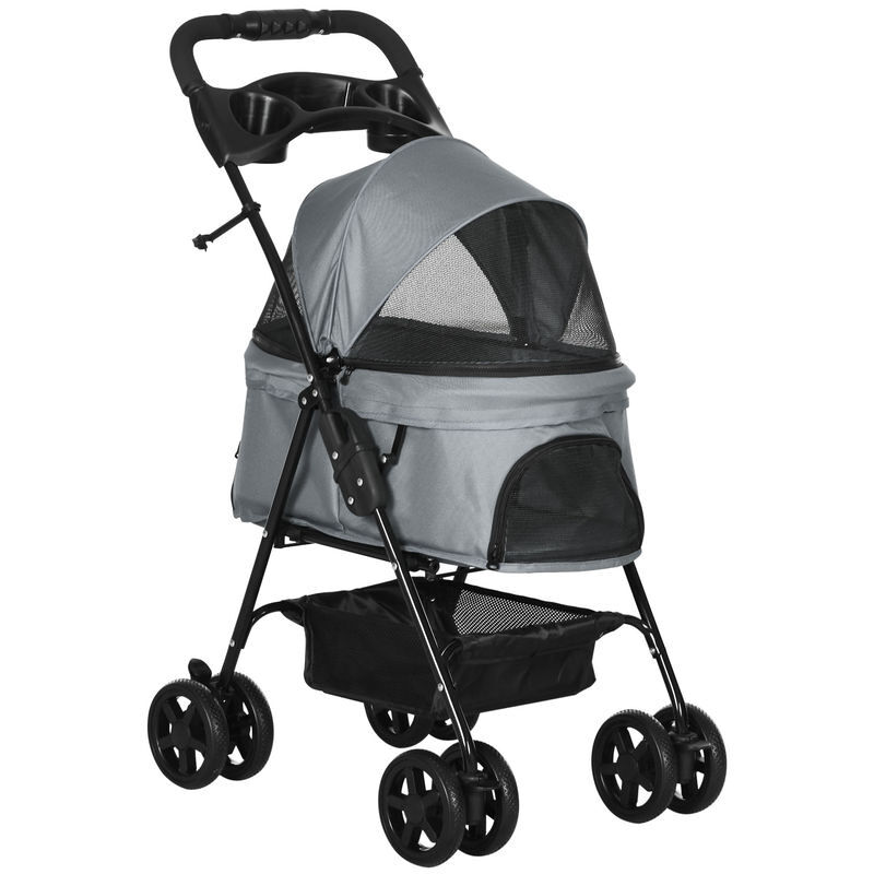 Pawhut cochecito para perros plegable, carrito para perros pequeños de 4 ruedas de eva, giratorio y freno, cesta, correas de seguridad, capota ajustable, portavasos y ventana, 67x45x96 cm, gris