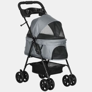 PawHut Carrinho de animal de estimação dobrável para cães removível de aço Tecido Oxford Rodas giratórias Freios Janela para gatos pequenos Cães 67x45x96 cm Cinza