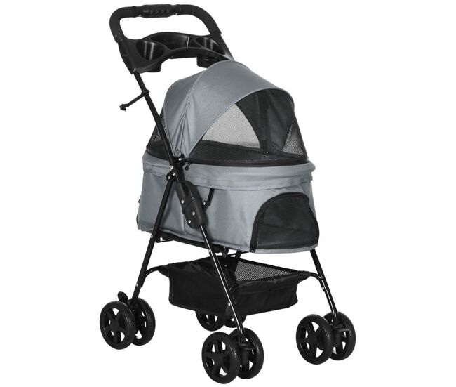 Pawhut cochecito para perros plegable, carrito para perros pequeños de 4 ruedas de eva, giratorio y freno, cesta, correas de seguridad, capota