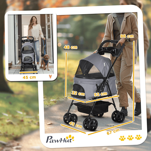 PawHut Carrinho de animal de estimação dobrável para cães removível de aço Tecido Oxford Rodas giratórias Freios Janela para gatos pequenos Cães 67x45x96 cm Cinza