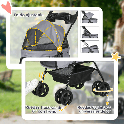 PawHut Carrinho de animal de estimação dobrável para cães removível de aço Tecido Oxford Rodas giratórias Freios Janela para gatos pequenos Cães 67x45x96 cm Cinza