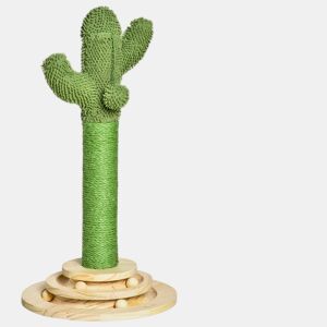 PawHut Poste Arranhador para Gatos em Forma de Cactus Pequena Árvore Arranhadora para Gatos com Poste de Sisal e Pelúcia Bola Suspensa e Base com Brinquedo de Madeira 32x32x60cm Verde