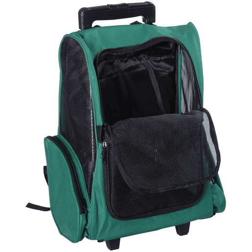 PawHut Transportadora 2 em 1 para Animais de Estimação Mochila ou Carrinho de Viagem para Cães e Gatos com 2 Rodas Alça Retrátil de Alumínio e Bolso de Armazenamento 42x25x55cm Verde
