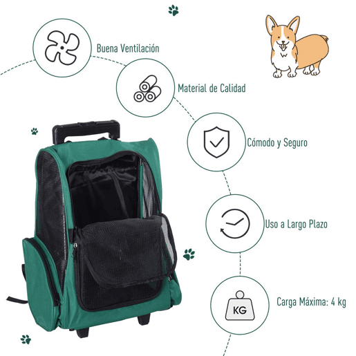 PawHut Transportadora 2 em 1 para Animais de Estimação Mochila ou Carrinho de Viagem para Cães e Gatos com 2 Rodas Alça Retrátil de Alumínio e Bolso de Armazenamento 42x25x55cm Verde