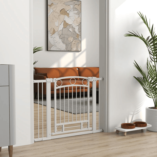 PawHut Barreira de Segurança para Cães Barreira de Segurança para Cães com Largura Ajustável 76-104 cm Barreira de Proteção com 2 Extensões para Escadas e Portas Branco