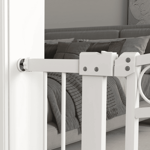 PawHut Barreira de Segurança para Cães Barreira de Segurança para Cães com Largura Ajustável 76-104 cm Barreira de Proteção com 2 Extensões para Escadas e Portas Branco