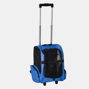 PawHut Transportadora Carrinho para Animais de Estimação 2 em 1 Mochila de Viagem com 2 Rodas para Cães Gatos com Alça Retrátil de Alumínio e Bolso de Armazenamento 42x25x55cm Azul