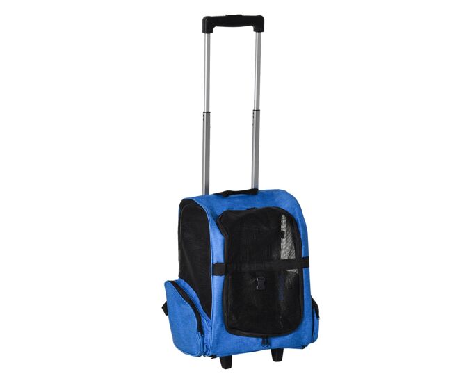 Pawhut transportín carrito para mascotas 2 en 1 mochila de viaje con 2 ruedas para perros gatos con asa retráctil de aluminio y bolsillos de almacenaje 42x25x55 cm azul