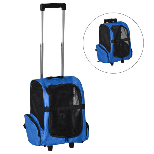 PawHut Transportadora Carrinho para Animais de Estimação 2 em 1 Mochila de Viagem com 2 Rodas para Cães Gatos com Alça Retrátil de Alumínio e Bolso de Armazenamento 42x25x55cm Azul