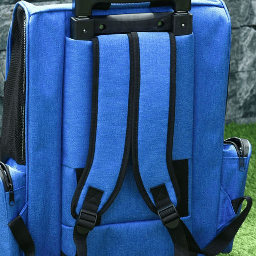 PawHut Transportadora Carrinho para Animais de Estimação 2 em 1 Mochila de Viagem com 2 Rodas para Cães Gatos com Alça Retrátil de Alumínio e Bolso de Armazenamento 42x25x55cm Azul