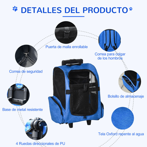 PawHut Transportadora Carrinho para Animais de Estimação 2 em 1 Mochila de Viagem com 2 Rodas para Cães Gatos com Alça Retrátil de Alumínio e Bolso de Armazenamento 42x25x55cm Azul