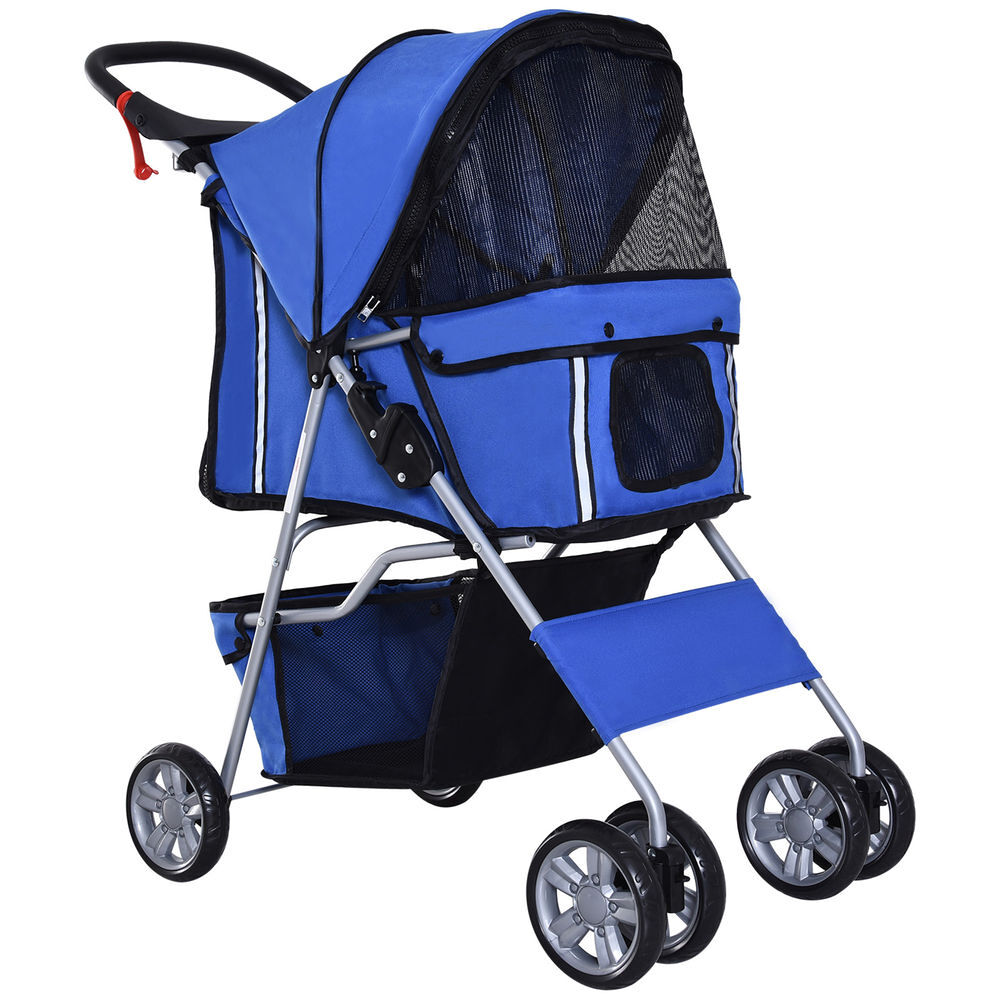 Pawhut carrito para perros plegable hasta 10 kg, cochecito para perros pequeños con ruedas de eva y frenos, cesta de almacenaje, ventanas de malla, portavasos, cojín lavable, 75x45x97 cm, azul