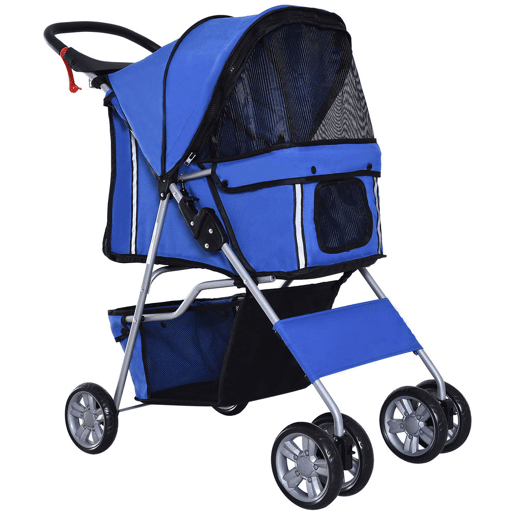 PawHut Carrinho para Cães Dobrável, Coche para Cães Pequenos com Cesta de Armazenamento, Janelas de Rede, Suporte para Copos, Rodas EVA, Almofada Lavável, Travões, Carga 10 kg, 75x45x97 cm, Azul