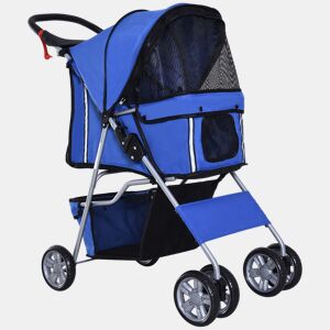 PawHut Carrinho para Cães Dobrável, Coche para Cães Pequenos com Cesta de Armazenamento, Janelas de Rede, Suporte para Copos, Rodas EVA, Almofada Lavável, Travões, Carga 10 kg, 75x45x97 cm, Azul