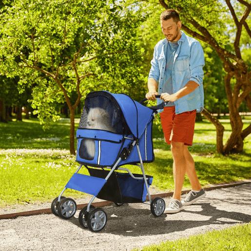 PawHut Carrinho para Cães Dobrável, Coche para Cães Pequenos com Cesta de Armazenamento, Janelas de Rede, Suporte para Copos, Rodas EVA, Almofada Lavável, Travões, Carga 10 kg, 75x45x97 cm, Azul
