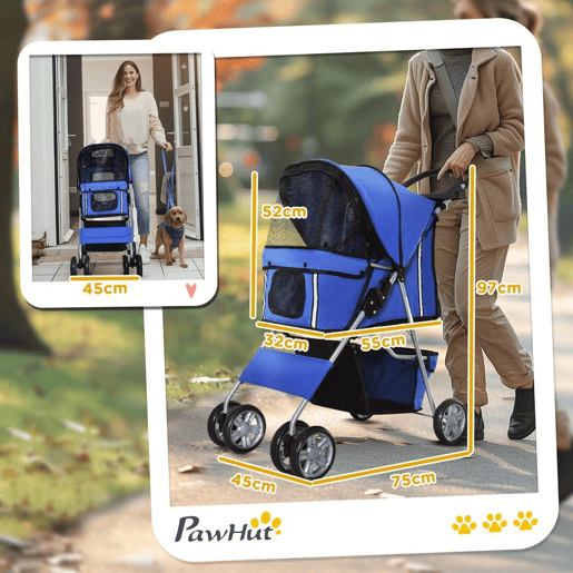 PawHut Carrinho para Cães Dobrável, Coche para Cães Pequenos com Cesta de Armazenamento, Janelas de Rede, Suporte para Copos, Rodas EVA, Almofada Lavável, Travões, Carga 10 kg, 75x45x97 cm, Azul