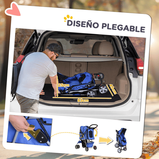 PawHut Carrinho para Cães Dobrável, Coche para Cães Pequenos com Cesta de Armazenamento, Janelas de Rede, Suporte para Copos, Rodas EVA, Almofada Lavável, Travões, Carga 10 kg, 75x45x97 cm, Azul