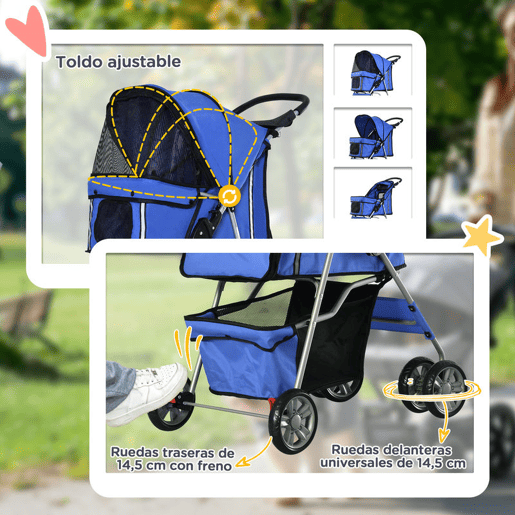 PawHut Carrinho para Cães Dobrável, Coche para Cães Pequenos com Cesta de Armazenamento, Janelas de Rede, Suporte para Copos, Rodas EVA, Almofada Lavável, Travões, Carga 10 kg, 75x45x97 cm, Azul