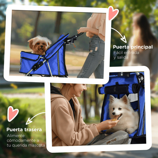 PawHut Carrinho para Cães Dobrável, Coche para Cães Pequenos com Cesta de Armazenamento, Janelas de Rede, Suporte para Copos, Rodas EVA, Almofada Lavável, Travões, Carga 10 kg, 75x45x97 cm, Azul