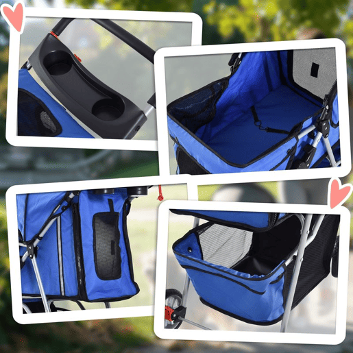 PawHut Carrinho para Cães Dobrável, Coche para Cães Pequenos com Cesta de Armazenamento, Janelas de Rede, Suporte para Copos, Rodas EVA, Almofada Lavável, Travões, Carga 10 kg, 75x45x97 cm, Azul