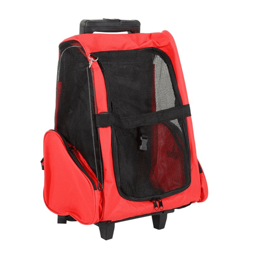 PawHut Transportadora 2 em 1 para Animais Mochila ou Carrinho de Viagem para Cão e Gato com 2 Rodas, Alça Retrátil de Alumínio e Bolsos 42x25x55 cm Vermelho