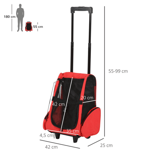 PawHut Transportadora 2 em 1 para Animais Mochila ou Carrinho de Viagem para Cão e Gato com 2 Rodas, Alça Retrátil de Alumínio e Bolsos 42x25x55 cm Vermelho