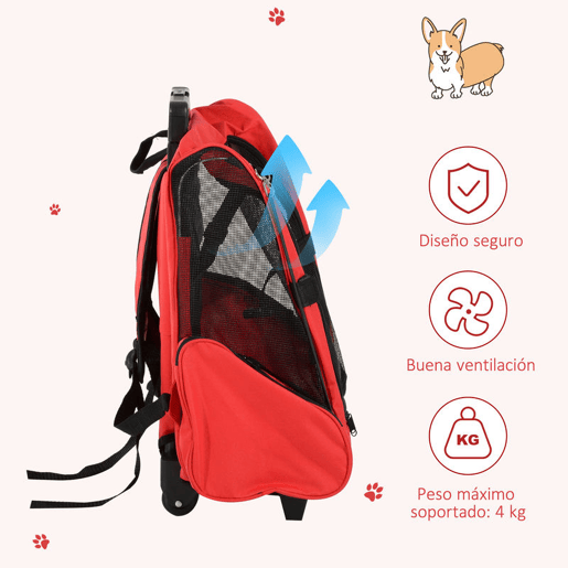 PawHut Transportadora 2 em 1 para Animais Mochila ou Carrinho de Viagem para Cão e Gato com 2 Rodas, Alça Retrátil de Alumínio e Bolsos 42x25x55 cm Vermelho