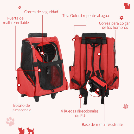 PawHut Transportadora 2 em 1 para Animais Mochila ou Carrinho de Viagem para Cão e Gato com 2 Rodas, Alça Retrátil de Alumínio e Bolsos 42x25x55 cm Vermelho