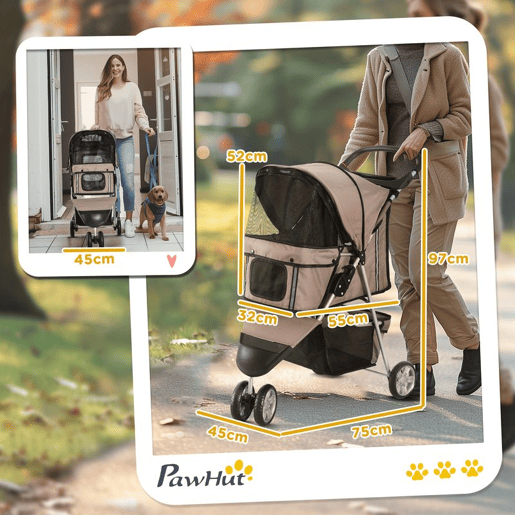 PawHut Carrinho para Animais de Estimação Dobrável Carrinho para Cães e Gatos com Rodas Giratórias Cesto e Suporte para Copos 75x45x97cm Marrom