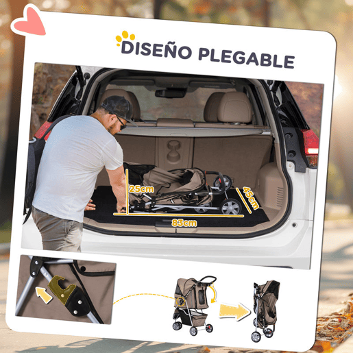 PawHut Carrinho para Animais de Estimação Dobrável Carrinho para Cães e Gatos com Rodas Giratórias Cesto e Suporte para Copos 75x45x97cm Marrom