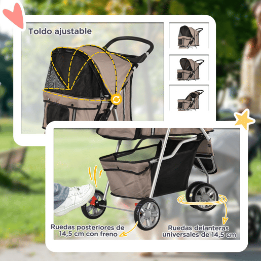 PawHut Carrinho para Animais de Estimação Dobrável Carrinho para Cães e Gatos com Rodas Giratórias Cesto e Suporte para Copos 75x45x97cm Marrom