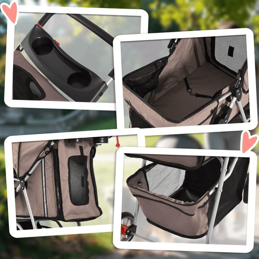 PawHut Carrinho para Animais de Estimação Dobrável Carrinho para Cães e Gatos com Rodas Giratórias Cesto e Suporte para Copos 75x45x97cm Marrom