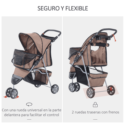 PawHut Carrinho para Animais de Estimação Dobrável Carrinho para Cães e Gatos com Rodas Giratórias Cesto e Suporte para Copos 75x45x97cm Marrom